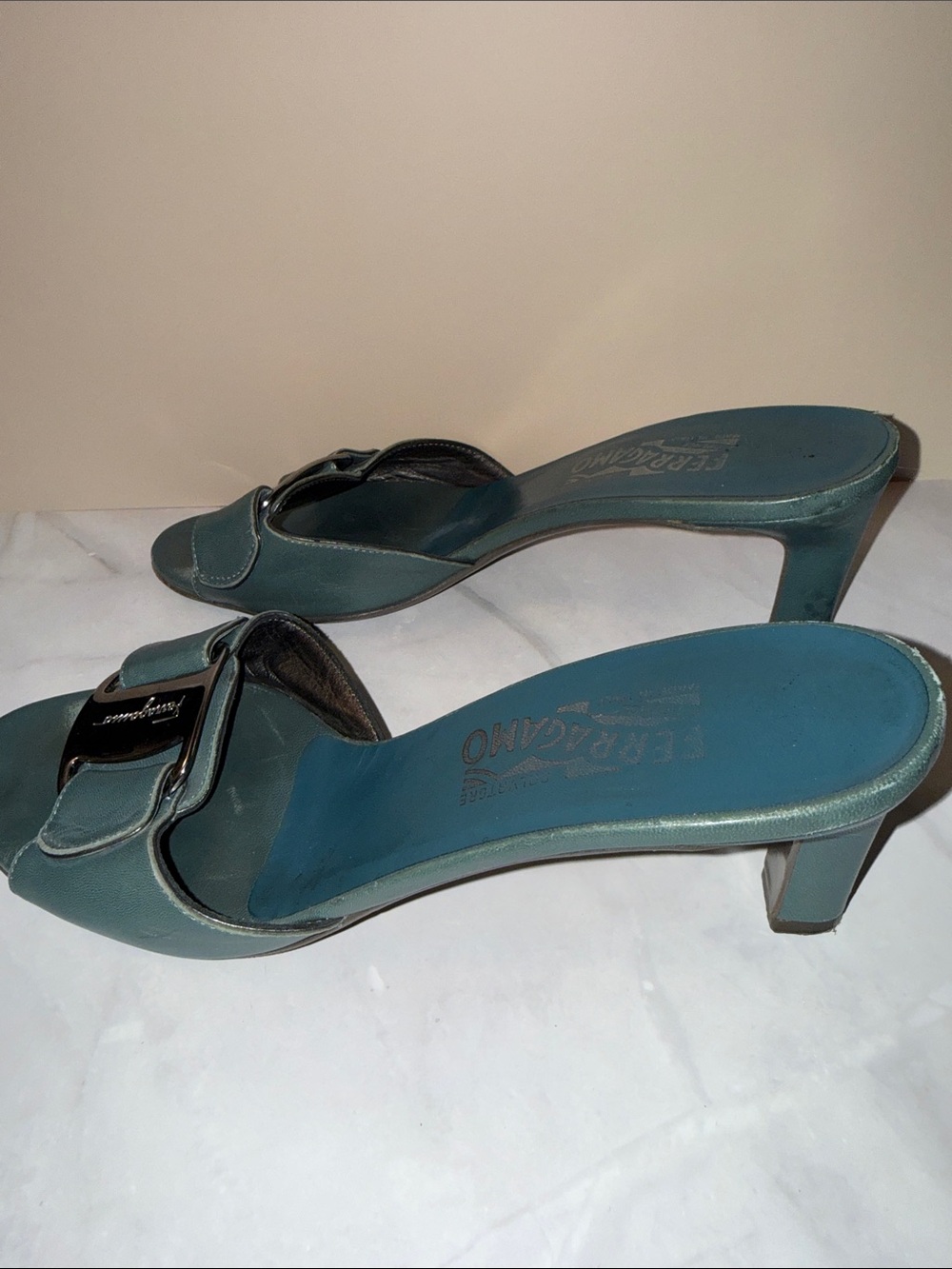 Salvatore Ferragamo Teal Leather Buckle Slide Mules - Picture 6 of 12